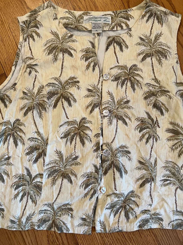 Pineapple Moon Palm Tree 100% Silk Tank Top Button Front Women's Size XL Hawaii - Image 3 of 4