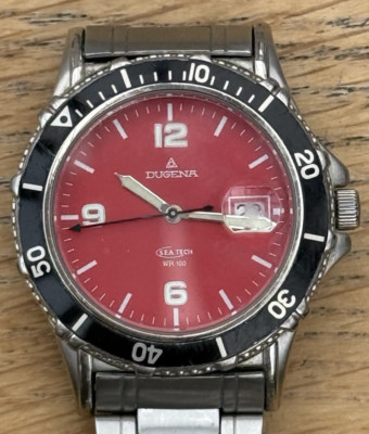 Vintage Dugena Sea Tech Divers Watch Rotating Bezel Red Dial Fully Working
