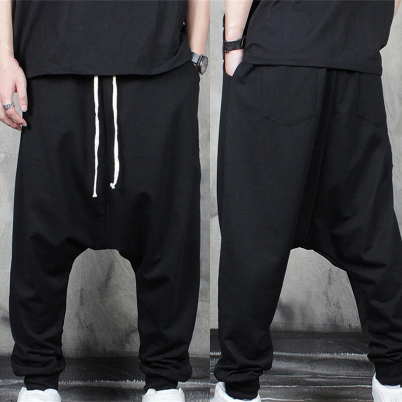 Men Harem Pants Elastic Waist Drop Crotch Baggy Sweatpants Pocket Oversize Loose