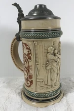 Antique Ceramic Capped German Beer Stein S P Gerz 479B Tyrolean Family Scene .3L