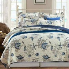 NEW  NAUTICAL BEACH HOUSE COASTAL SEA SHELL TROPICAL NAVY BLUE WHITE QUILT SET