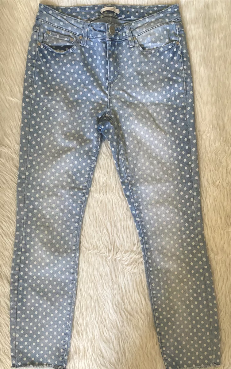 LC Lauren Conrad Polka Dot Skinny Jeans Womens 6 Blue 5-Pocket Mid Rise Raw  Hem