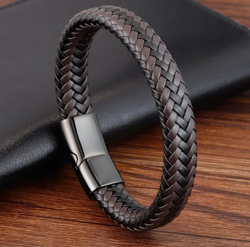 Mens Braided Wristband PU Leather Bracelet Bangle Wrap Size 22cm/8.6"Brown Black - Picture 2 of 3