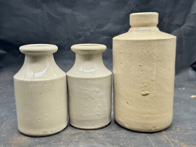 VINTAGE STONEWARE BOTTLES X3 ANTIQUE INK OR SAUCE JARS EARLY 20TH CENTURY