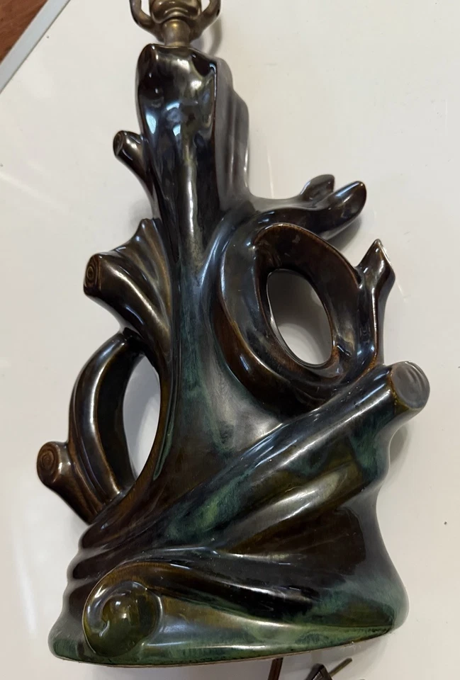 Середина века современный капельная глазурь керамическая лампа бирюзовый бронза дерево кабины редкая ретро - Изображение 3 из 4