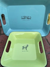 Serving Dishes (2) Turq. & Green Rectangle~Cutout Handles~Ironstone~Hallmark