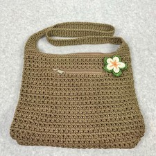 The Sak Crochet Knit Boho Shoulder Crossbody Purse Beige Bag w/ Daisy Flower