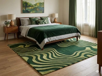 Luxurious Wavy Green Abstract Area Rug   Modern Statement Piece for Living Room