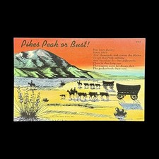 Pikes Peak or Bust Postcard Curt Teich Linen Wagon Train Colorado  Unposted