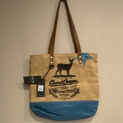 Myra Bag Women s Tan/Blue Tote Zip Closure Double Handles Inner Pockets