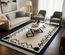 Hand knotted Geometric Ivory and Navy Carpet ...