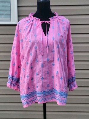 New UMGEE Bubblegum Blouse Blue Embroidery 3/4 Sleeve Sz Large Relaxed Cotton 