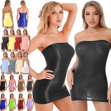 Women's Sexy Shiny Glossy Mini Tube Dress Nightclub Bodycon Chemise Strapless