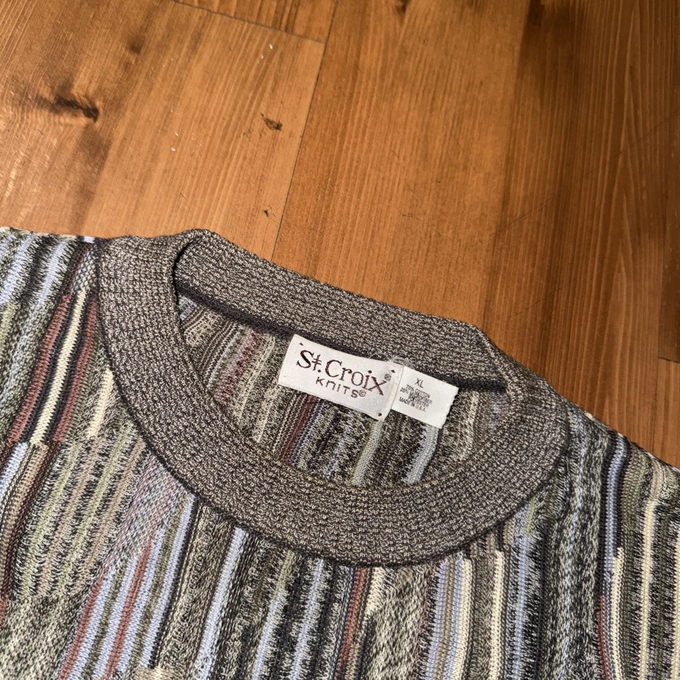 Винтажный St Croix вязаный мужской хлопок Coogi стиль абстрактный свитер многоцветный XL 90-х - Изображение 3 из 4