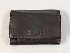 Fossil Womens Dark Brown Leather Trifold Wallet Yellow Contrast Stitch