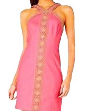 Lilly Pulitzer Pink Gold Sleeveless Shift Dress Cross Back Trim Casual Chic