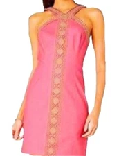 Lilly Pulitzer Pink Gold Sleeveless Shift Dress Cross Back Trim Casual Chic 