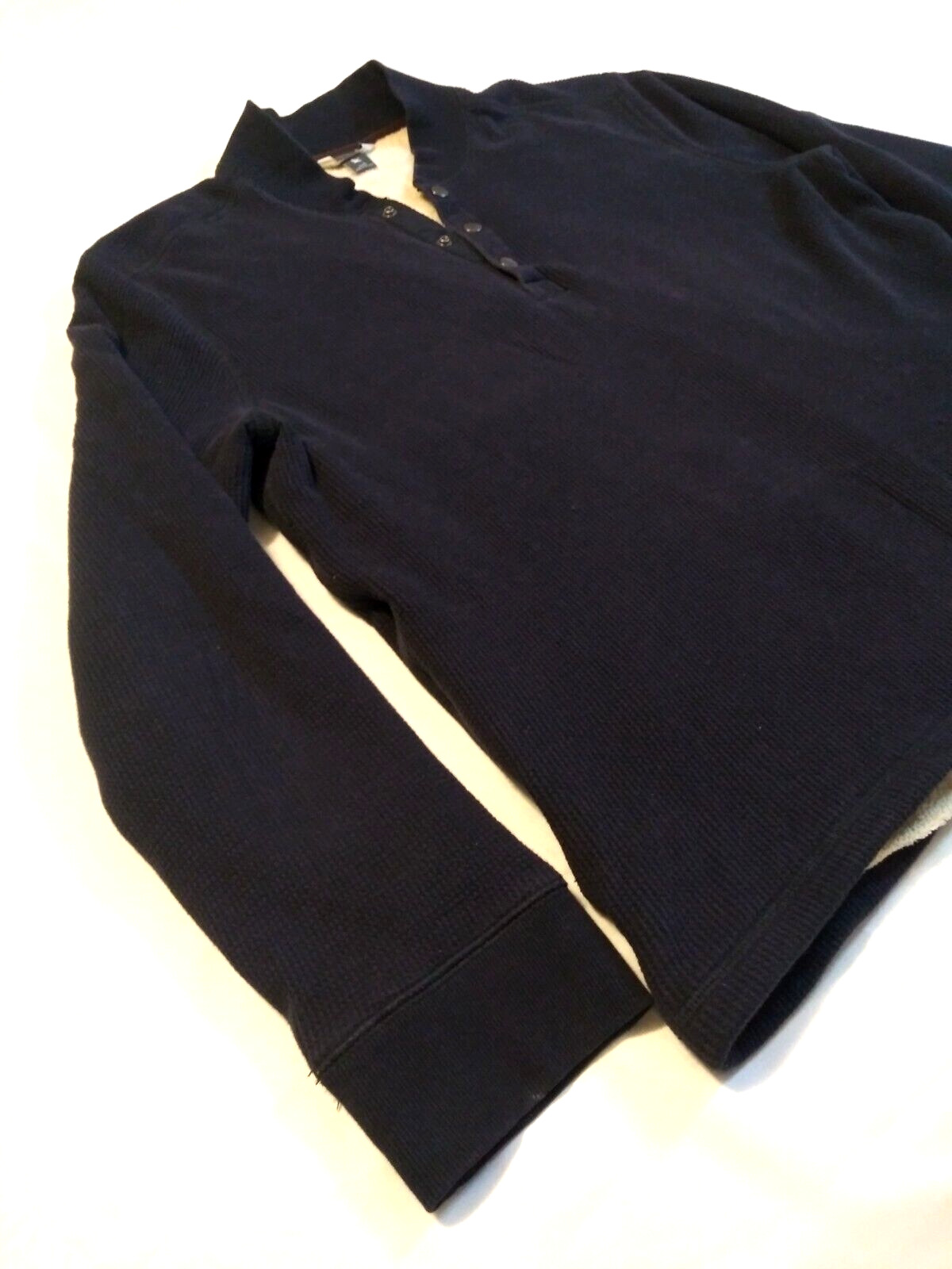 Eddie Bauer Sherpa Lined Henley Shirt Mens Large Navy Thermal Waffle