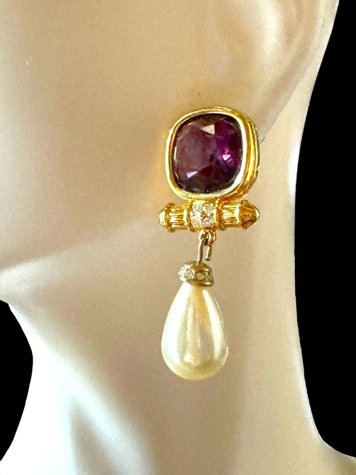 ELEGANT SWAROVSKI 18K GP AMETHYST CRYSTAL RHINESTONE FAUX PEARL DANGLE EARRINGS - Image 3 of 4