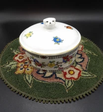 Vintage 1940s Czech Farberware Dog Head Floral Porcelain Powder Jar Covered Dish