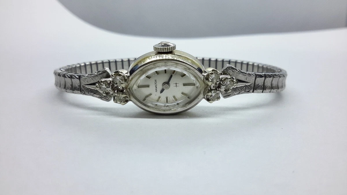 14k White Gold Vintage Ladies Hamilton Watch. Nice Diamonds.