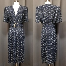 Vintage 80s Cottagecore Ditsy Floral Romantic Belted Midi Shirt Dress L