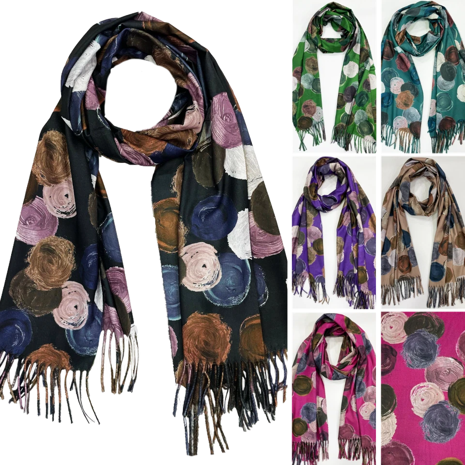 MARKENLOS Damen Weicher Winter Schal Tuch 180x70 cm Stola Halstuch Fransen Kreise 2344