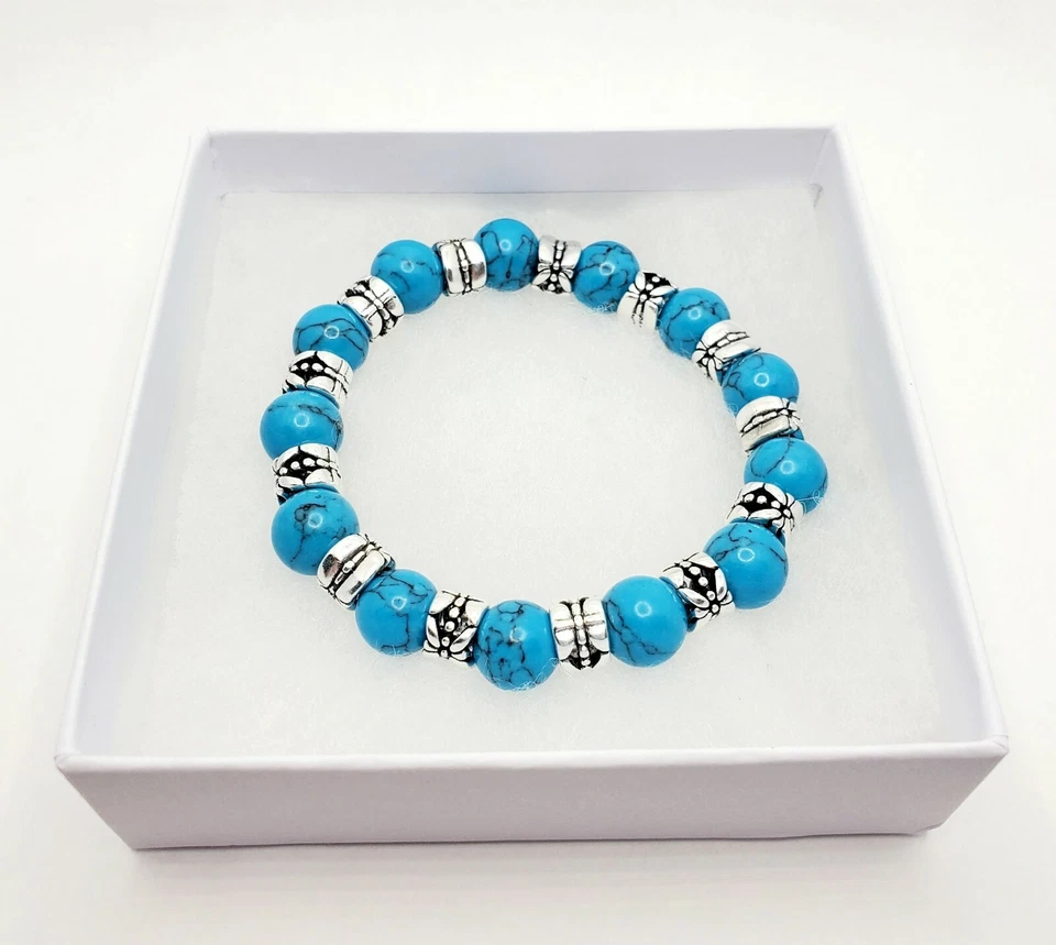 Pulsera elástica con cuentas turquesa sintética estilo tibetano hecha a mano Foto 3 de 4