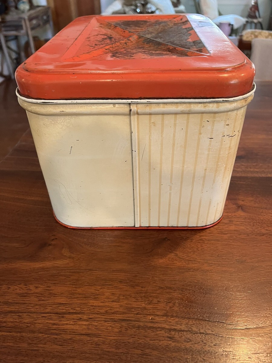 Vintage Metal Tin Bread Box Red & White w/Strawberries 1940-1950