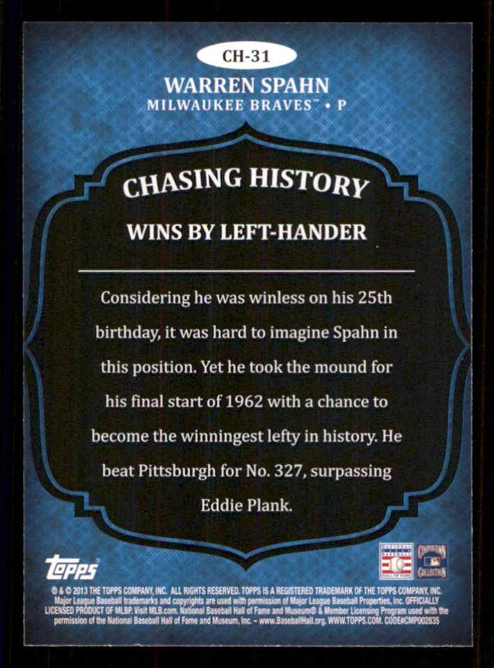 2013 Topps Chasing History #CH31 Warren Spahn - Image 2 of 2