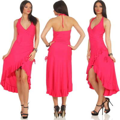 Damen Latin Salsa Kleid Vokuhila Neckholder Tanz Maxi Stretch Volant 36 38 S M