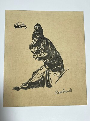 REMBRANDT drawing and painting on old paper signed stamped vintage