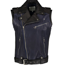 Pierre Balmain Black Navy Sleeveless Biker Leather Jacket Size It46