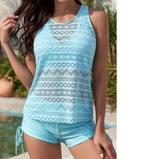 Womens Swimsuit Bikini, Shorts  Tankini Blue Swim Stretch 3 Pc Set-sz XL