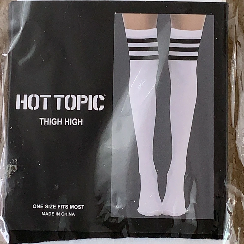 Hot Topic Feminino Tamanho Único Branco Preto Varsity Listra Coxa Alta 1 Par Novo com etiquetas - Imagem 2 de 4