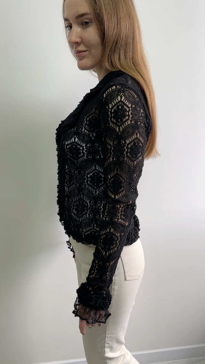 Womens CHANEL Floral Lace Wool Mesh Open Cardigan Black RARE Made