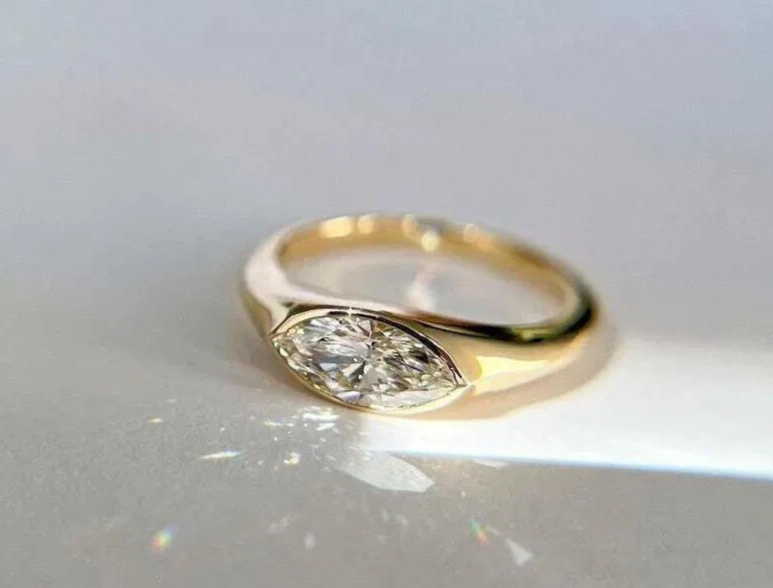 2 Ct Marquise Cut Lab Grown Diamond Bezel Engagement Ring E VS1 14K Yellow Gold