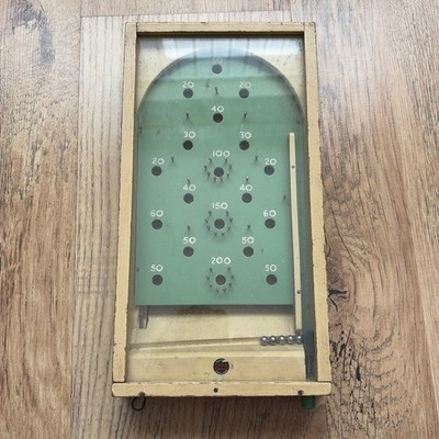 Vintage Chad Valley Bagatelle Pinball Game Travel Size Wooden Sealed with Balls 