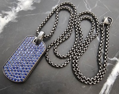 David Yurman Black Titanium Chevron Blue Sapphire Dog Tag Pendant chain 4600