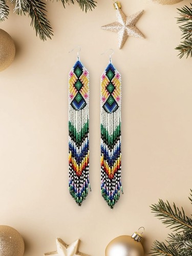 Tribal Earrings Native Large Boho American Seed Beads Handmade Earring - Picture 2 of 2