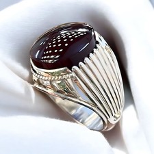 925 Sterling Silver Oval Engraved Large Black Agate Stone Ring