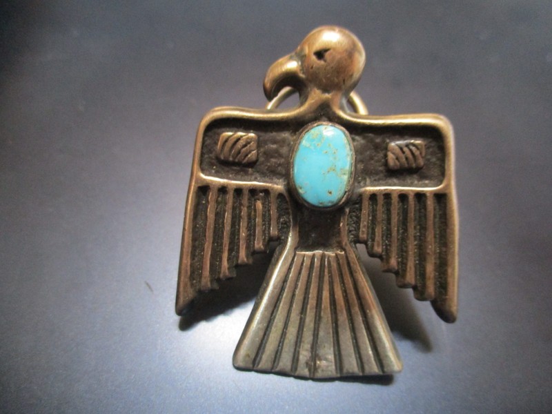 Vintage Native American Sterling Silver Thunderbird turquoise Bolo Tie signed