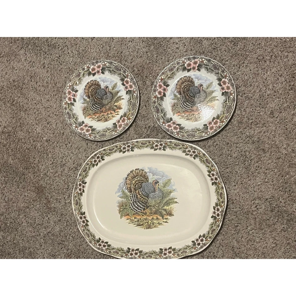 QUEEN’S Thanksgiving Oval Platter & Dinner Plate LOT Multicolor Flowers Myott - Image 2 of 4