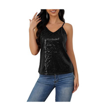 Womens Sequin Tank Tops Casual Fashion V Neck Strappy Sequin Sparkle Shimmer Cam
