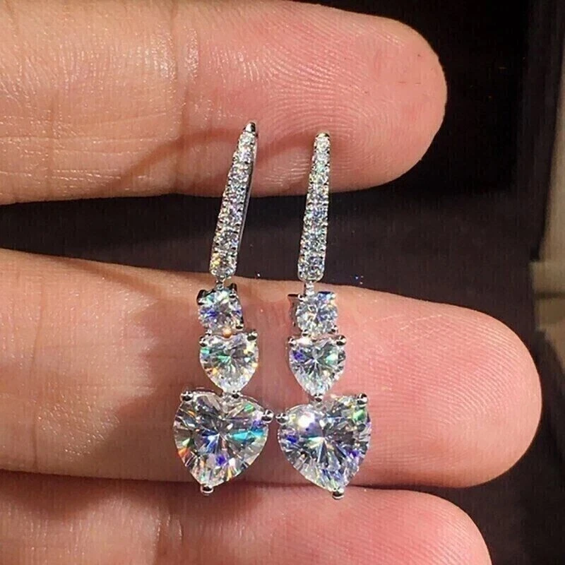 4Ct Lab Created Diamond Heart & Round Drop Dangle Earrings 14K White Gold Plated - Image 2 of 3