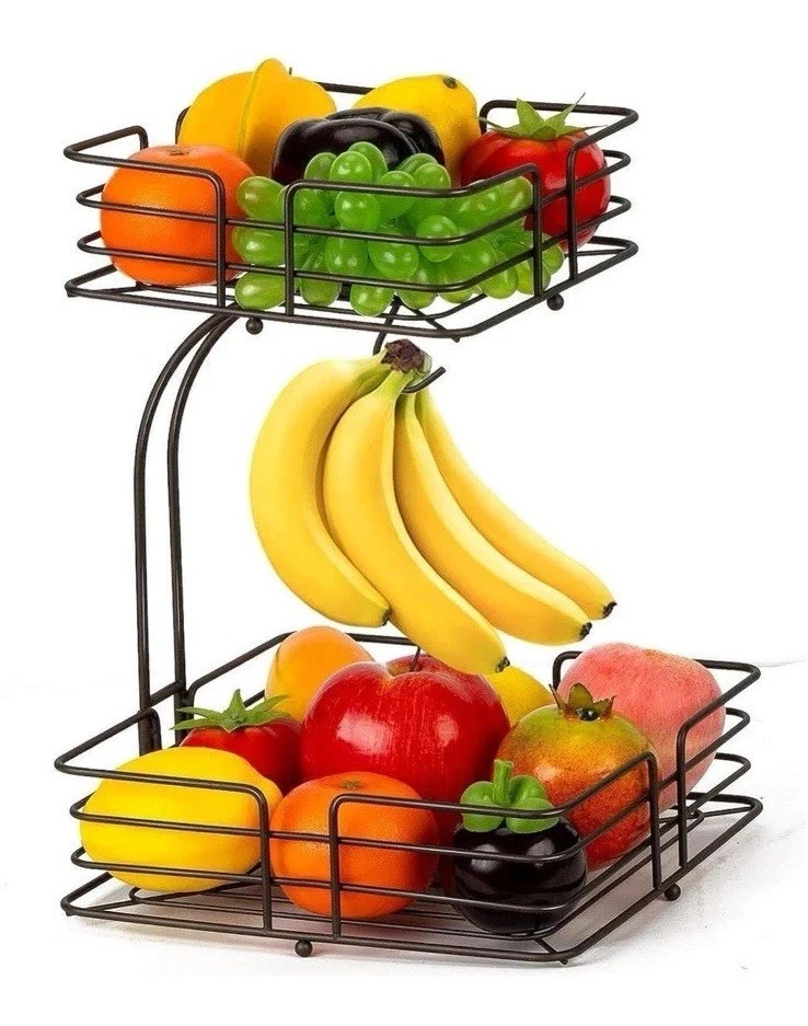 AULEDIO 2-Tier Fruit Basket with Banana Hanger - Kitchen Countertop Organizer Square