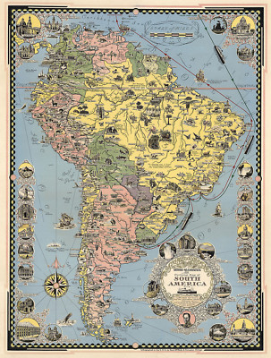 Midcentury Pictorial Map Cruise Routes New York to South America Wall Art Poster