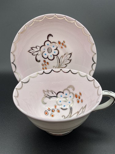 Paragon Abstract Floral Flower Pink Teacup & Saucer White Silver Unusual HTF - Picture 2 of 10