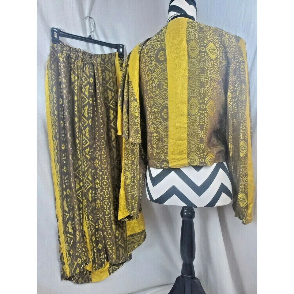 Rare Vintage 90s Sue Wong Viscose Dress Skirt Set Tribal Gold Outfit Large - Image 4 of 4