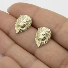 5/8" Lion Head Shiny Stud Earrings Real Solid 10K Yellow Gold